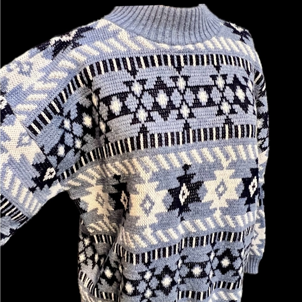 VINTAGE 80s ski lodge knit sweater fairisle winter snowflake mock neck metallic